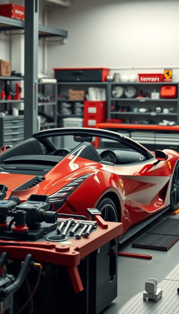 A detailed and meticulously rendered image of a Ferrari SF90 Spider undergoing maintenance, showcased against a clean, well-lit garage setting. The supercar is depicted from a low, three-quarter angle, with its dramatic curves and sleek lines accentuated by strategic lighting. The foreground features an array of specialized tools and equipment, including car jacks, wrenches, and diagnostic devices, all neatly arranged to convey the precision and care required for maintaining such a high-performance vehicle. The middle ground showcases the Ferrari's intricate engine and suspension components, while the background maintains a sense of depth and order, with shelves of spare parts and a workbench adorned with Ferrari-branded merchandise, hinting at the exclusivity and attention to detail required to own and maintain this Italian masterpiece.