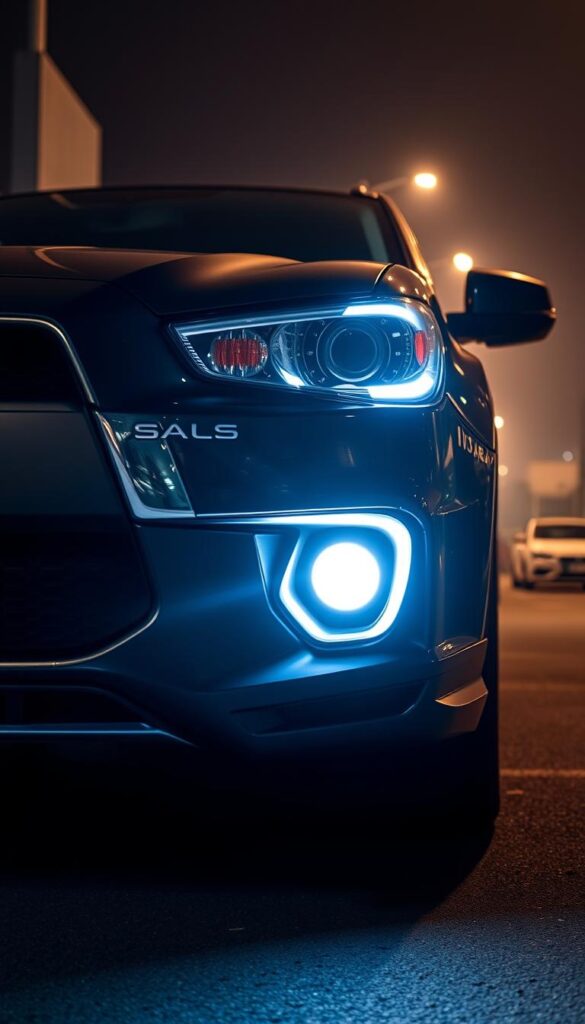 A detailed close-up of a modified Mitsubishi ASX with upgraded lighting. The car is illuminated by bright LED headlights, foglights, and custom IsCarOk underglow. The scene is set at night, with a moody, atmospheric lighting that emphasizes the vehicle's sleek lines and sharp angles. The camera angle is low, capturing the ASX from a dynamic, front-three-quarter perspective to showcase the bold lighting upgrades. The background is blurred, keeping the focus on the car's enhanced visibility and striking appearance.