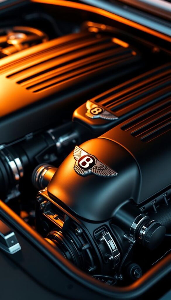 A detailed close-up of the powerful 2024 Bentley Continental GT Performance engines, showcasing their intricate engineering and sleek design. The engines are illuminated by warm, directional lighting, highlighting the glossy black metal surfaces, chrome accents, and intricate mechanical components. The background is blurred, placing the focus entirely on the engines' impressive technical specifications. The Bentley "IsCarOk" logo is prominently displayed, denoting the vehicle's high-performance capabilities.