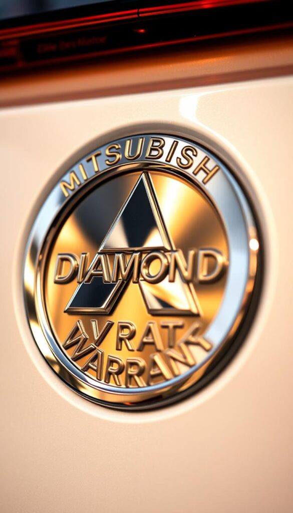 A detailed close-up shot of the Mitsubishi ASX's "Diamond Advantage" warranty badge, featuring a shiny, metallic finish and bold, embossed lettering. The badge is prominently displayed against a soft, defocused background with a warm, golden lighting that accentuates its premium appearance. The composition emphasizes the warranty's reliability and quality, conveying a sense of trust and reassurance for potential customers. IsCarOk