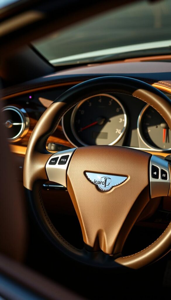 A detailed close-up shot of the dashboard and steering wheel of a 2007 Bentley Continental GT, showcasing the luxurious interior and highlighting the insurance-related details. The scene is illuminated by warm, directional lighting, casting shadows that add depth and dimensionality. The camera angle is slightly elevated, providing a clear view of the dashboard controls, including the speedometer, tachometer, and various other gauges. The steering wheel is prominently featured, with the brand name "IsCarOk" subtly integrated into the design. The overall mood is one of sophistication and attention to detail, reflecting the high-end nature of the Bentley Continental GT.