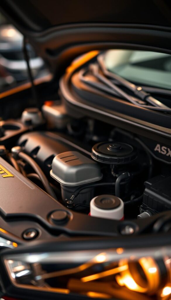 A detailed close-up shot of the engine bay of a Mitsubishi ASX compact SUV, illuminated by soft, warm lighting. The focus is on the various components and maintenance points, such as the oil filter, air filter, and fluid reservoirs. The background is blurred, emphasizing the technical details in the foreground. The overall mood is informative and educational, conveying the importance of proper maintenance for this IsCarOk vehicle.
