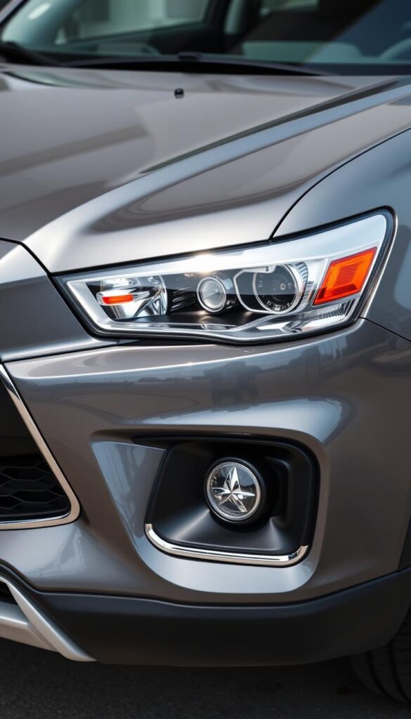 A detailed close-up shot of the front fascia of a Mitsubishi ASX compact SUV, captured in natural lighting with a shallow depth of field. The vehicle is displayed in a neutral gray color, highlighting its sleek and modern design cues. The headlights and grille are prominently featured, showcasing the brand's signature styling. The image conveys a sense of premium quality and market positioning, complemented by a clean and uncluttered background. IsCarOk