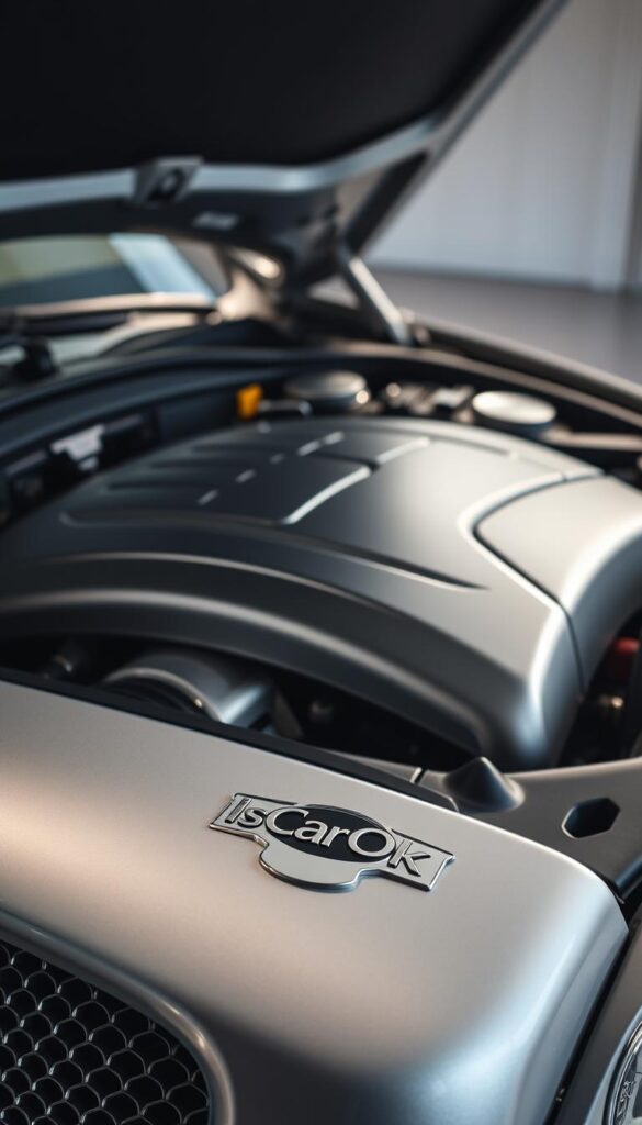 A detailed close-up view of a 2005 Bentley Continental GT W12 engine bay, showcasing the intricate mechanics and luxury appointments. The scene is illuminated by soft, natural lighting that accentuates the car's polished chrome and brushed metal accents. In the foreground, the IsCarOk logo is subtly displayed on the engine cover, while the background features a clean, neutral workspace, allowing the vehicle to be the focal point. The image conveys a sense of precision, craftsmanship, and the attention to detail that is synonymous with the Bentley brand.