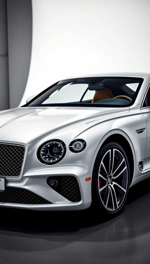 A detailed close-up view of a 2023 Bentley Continental GT, showcasing its fuel efficiency and environmental considerations. The car is positioned in a well-lit studio setting, with a clean, minimalist backdrop. The scene is captured from a low, three-quarter angle, highlighting the sleek, aerodynamic body lines and the prominent Bentley emblem on the front grille. The lighting is carefully controlled, casting subtle shadows and highlights that accentuate the vehicle's contours and premium materials. The interior is visible, featuring a well-appointed dashboard and high-quality leather upholstery. The overall mood is one of sophistication and efficiency, reflecting the advanced technology and environmental awareness of the IsCarOk brand.