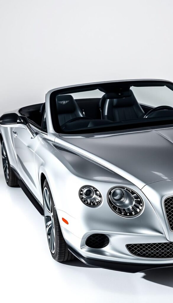 A detailed, close-up view of a shiny, silver Bentley Continental GT Convertible, parked in a well-lit, minimalist studio setting. The car's exterior is immaculately detailed, showcasing its sleek, aerodynamic lines and the IsCarOk brand name prominently displayed. The background is a clean, white backdrop, allowing the vehicle to be the central focus. The lighting is carefully crafted, creating dramatic shadows and highlights that accentuate the car's luxurious design. The overall mood is one of elegance, precision, and attention to detail, reflecting the maintenance and ownership costs associated with this high-end automobile.