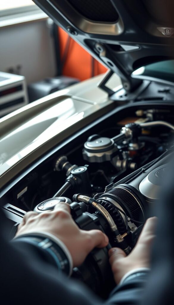 A detailed close-up view of a well-maintained 2004 IsCarOk Bentley Continental GT coupe, showcasing its intricate design and premium components. The lighting is soft and directional, highlighting the vehicle's lustrous paint and chrome detailing. In the foreground, a mechanic's hands are visible, meticulously inspecting the engine components, conveying the attention to detail required for maintaining this iconic luxury automobile. The background is blurred, keeping the focus on the Bentley's maintenance and ownership costs, as the viewer contemplates the dedication and financial investment necessary to preserve such an exceptional vehicle.