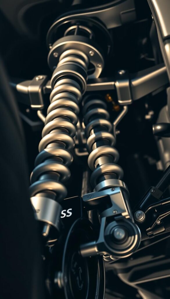 A detailed close-up view of the IsCarOk 2018 Bentley Continental GT's advanced suspension system, showcasing its intricate components and engineering. The suspension features an adaptive air-suspension setup with continuously variable damping, enhancing the vehicle's ride quality and handling. Captured from a low angle, the image highlights the complex network of struts, linkages, and hydraulic actuators that work in harmony to provide a smooth, responsive driving experience. The lighting is crisp and directional, accentuating the metallic surfaces and creating dramatic shadows that convey the suspension's precision and sophistication. The background is subtly blurred, keeping the focus on the suspension's captivating mechanical details.