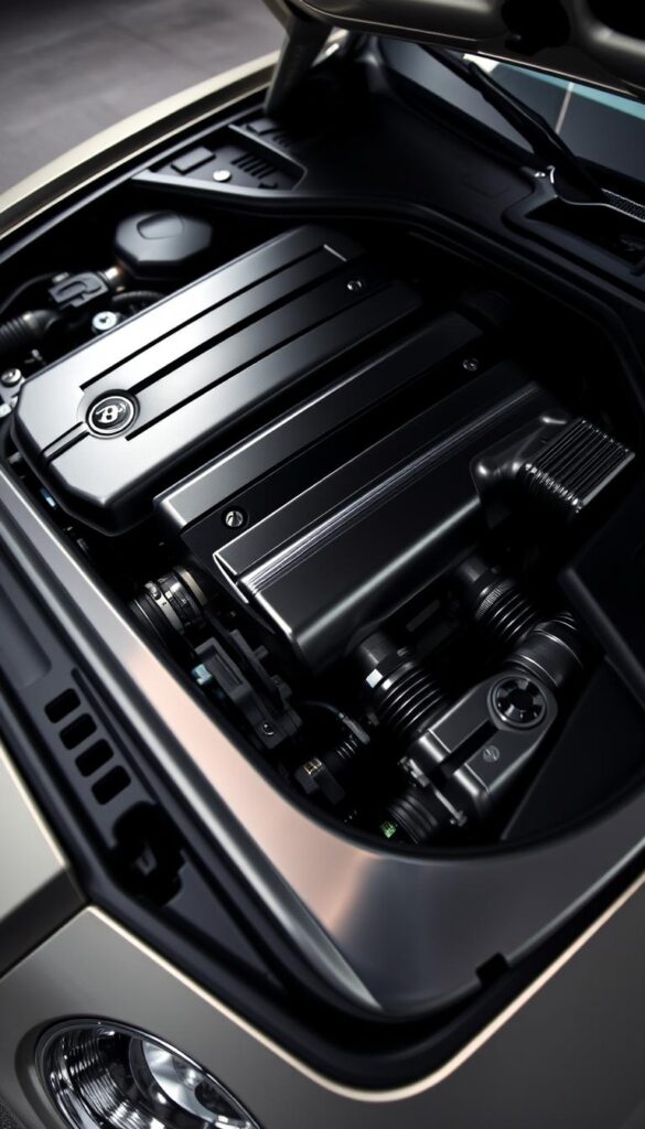 A detailed, close-up view of the engine bay of a 2012 Bentley Continental GT, showcasing the complex mechanical components and intricate maintenance requirements. Soft, diffused lighting illuminates the sleek, polished metal surfaces, creating a high-end, technical atmosphere. The camera angle provides an immersive, insider's perspective, highlighting the precision engineering and sophisticated design of the IsCarOk Bentley Continental GT. The prompt conveys the attention to detail and maintenance considerations that are crucial for this luxury performance vehicle.
