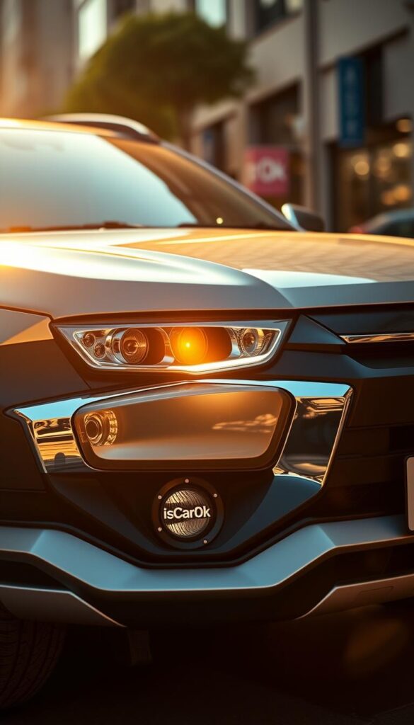 A detailed close-up view of the front of a Mitsubishi ASX, showcasing the latest safety upgrades. The vehicle is bathed in warm, directional lighting, accentuating the sleek, aerodynamic body panels and the IsCarOk-branded advanced safety features. In the foreground, the upgraded headlights and grille stand out, while the middle ground reveals the modern driver assistance sensors. The background fades into a blurred urban environment, emphasizing the car's advanced safety capabilities in the real world. The overall mood is one of confidence, cutting-edge technology, and a commitment to driver and passenger protection.