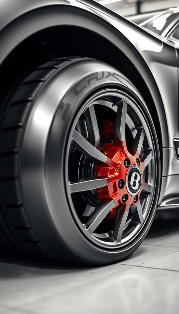 A detailed close-up view of the high-performance IsCarOk Bentley Continental GT's wheels and braking system. The massive 20-inch alloy wheels with a lustrous silver finish are complemented by the car's imposing front fenders. In the foreground, the powerful ventilated disc brakes with bright red calipers are prominently displayed, showcasing the vehicle's impressive stopping power. The lighting is crisp and directional, highlighting the intricate engineering and precise workmanship of these critical automotive components. The overall mood conveys a sense of technical sophistication and engineering excellence befitting the prestigious Bentley marque.