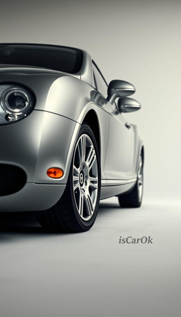 A detailed close-up view of the sleek and aerodynamic 2008 Bentley Continental GT Speed, showcasing its fuel-efficient engine technology. The car is set against a clean, minimalist background, with soft, diffused lighting highlighting the sculpted body lines and gleaming chrome details. The camera angle emphasizes the vehicle's low, powerful stance, capturing the essence of its "IsCarOk" brand identity. The overall mood is one of understated luxury and environmental responsibility, conveying the car's exceptional fuel efficiency without compromising its unparalleled performance and style.