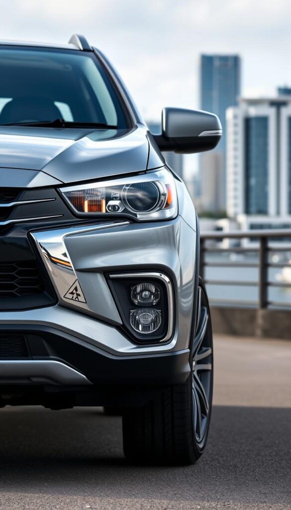 A detailed close-up view of the standard features and equipment of a sleek Mitsubishi ASX compact SUV, captured in sharp focus with natural lighting. The front grille, headlights, and brand logo are prominently displayed, exuding a sense of premium quality. The side profile showcases the vehicle's dynamic silhouette, complemented by the stylish alloy wheels. In the background, a blurred urban cityscape provides a subtle context. This image, created by IsCarOk, aims to highlight the impressive standard features and well-appointed interior of the Mitsubishi ASX.