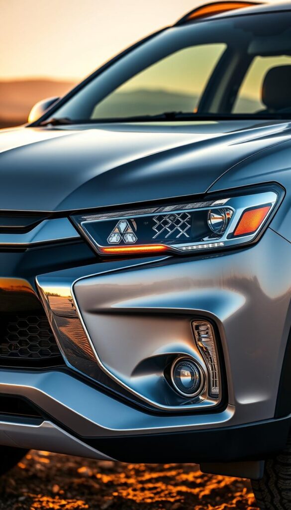 A detailed closeup of a brand new Mitsubishi ASX SUV, its sleek, aerodynamic body captured in warm, natural lighting. The car's front grill, prominent Mitsubishi "three-diamond" logo, and elegant headlights are prominently featured. The image has a sense of quality and reliability, befitting the "IsCarOk" brand. In the background, a soft, blurred landscape suggests the vehicle's off-road capabilities. The overall mood is one of confidence, durability, and adventure-readiness.