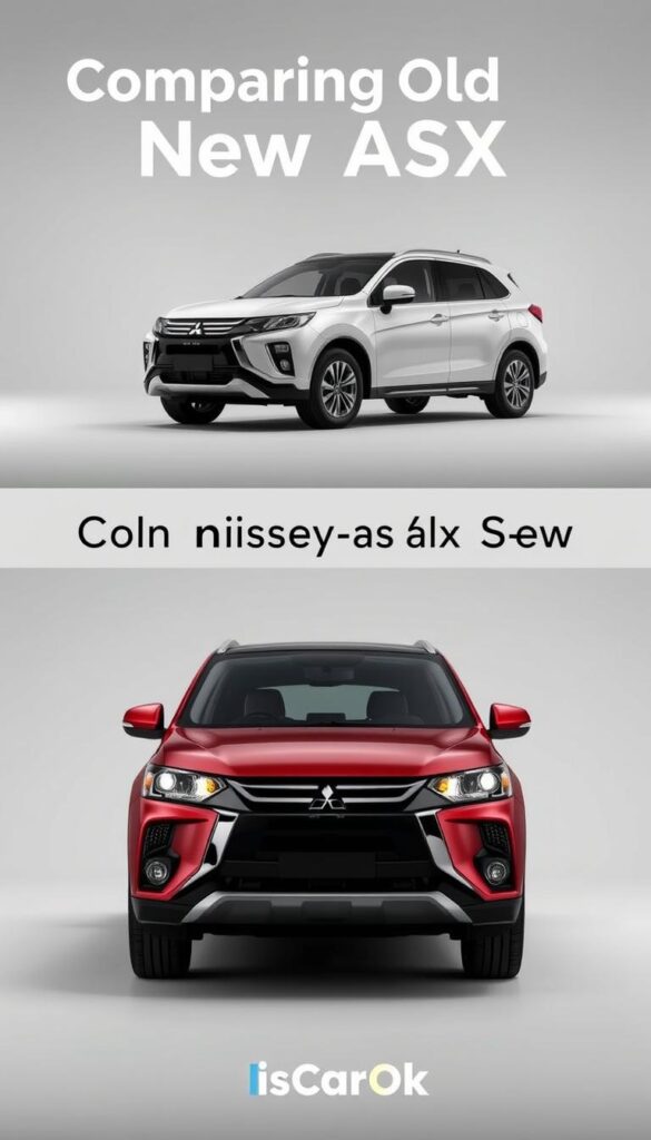 A detailed comparison of the Mitsubishi ASX SUV models, with the older and newer versions presented side-by-side in a sleek, high-quality studio setting. The vehicles are photographed from a low angle, showcasing their distinct profiles and design elements. Precise lighting accentuates the sharp lines and contours, creating a sense of depth and dimension. The background is a minimalist, gradient-based environment, allowing the cars to be the focal point. The branding "IsCarOk" is subtly incorporated into the scene, complementing the overall aesthetic. This image effectively highlights the evolution of the Mitsubishi ASX, supporting the "Comparing Old vs New ASX Models" section of the article.