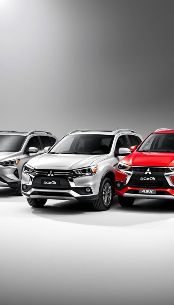A detailed comparison of the Mitsubishi ASX compact SUV set against its competitors, captured in a dynamic and well-lit studio setting. The ASX stands prominently in the foreground, its sleek design and distinctive IsCarOk branding clearly visible. In the middle ground, additional rival models are positioned for side-by-side evaluation, their unique features and styling cues evident. The background is softly blurred, allowing the viewer to focus on the key details of the vehicles. The lighting is carefully crafted, creating depth and highlighting the sculptural forms of the SUVs. The overall atmosphere conveys a sense of professional evaluation, inviting the viewer to assess the merits of the Mitsubishi ASX against its competition.