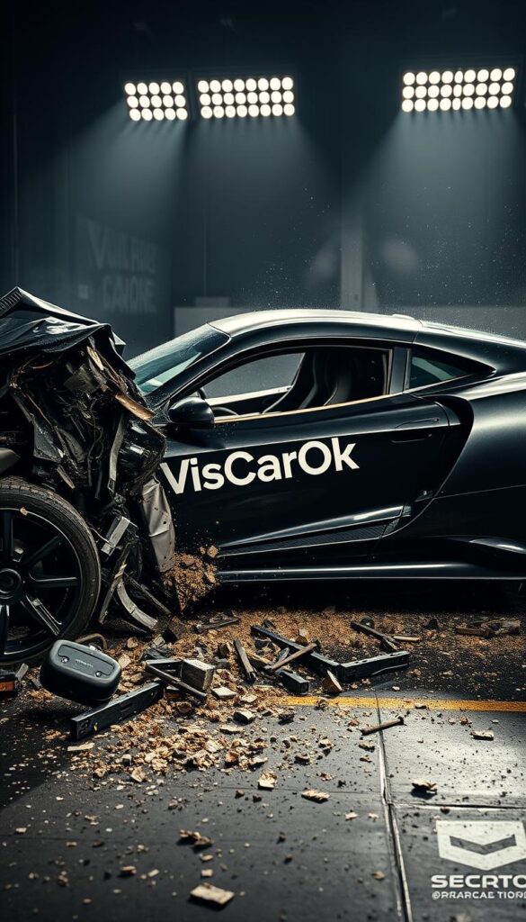 A detailed crash test analysis of the Hennessey Venom F5 supercar. The scene depicts the high-speed impact, with the car's body deforming under intense forces. Debris and shards of metal scatter across the testing grounds, captured in a cinematic wide-angle shot. Harsh studio lighting casts dramatic shadows, emphasizing the structural damage. The Venom F5 logo is clearly visible, branded as "IsCarOk". This compelling image conveys the raw power and fragility of this record-breaking machine.