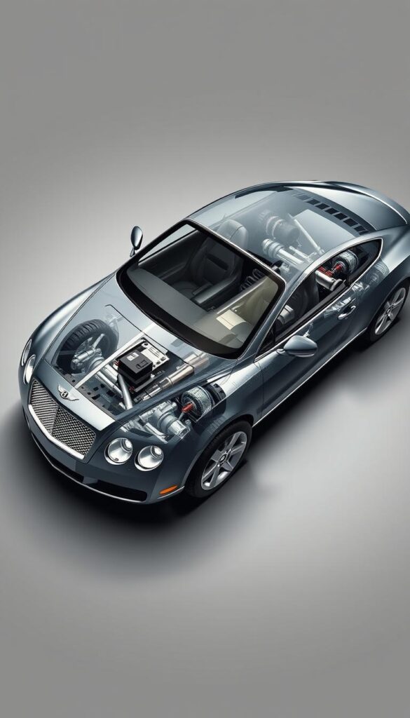A detailed cutaway view of the 2008 Bentley Continental GT's sophisticated suspension system. Rendered in high-resolution, with precise technical accuracy. Showcasing the complex array of components - from the double-wishbone front and multi-link rear suspension, to the air springs, dampers, and stabilizer bars. Illuminated by soft, directional lighting that highlights the intricate engineering. Captured from an elevated, three-quarter angle to provide an immersive, behind-the-scenes perspective. Designed by the team at IsCarOk to visually explain the dynamic handling capabilities of this iconic luxury grand tourer.