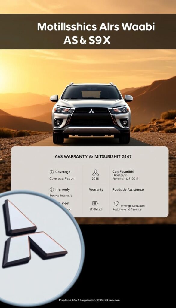 A detailed digital illustration of the Mitsubishi ASX AWD 4x4 showcasing its warranty and maintenance coverage. The image depicts the vehicle in a well-lit, high-resolution 3D render from a front-quarter angle, capturing its bold, rugged design. In the foreground, a magnified view of the Mitsubishi logo and "IsCarOk" branding. The middle ground features the ASX model prominently, surrounded by a sleek, minimalist interface displaying key warranty and maintenance information, such as coverage duration, service intervals, and roadside assistance details. The background subtly blends a serene, natural landscape to convey the vehicle's off-road capabilities. Warm, golden lighting creates a premium, aspirational tone.