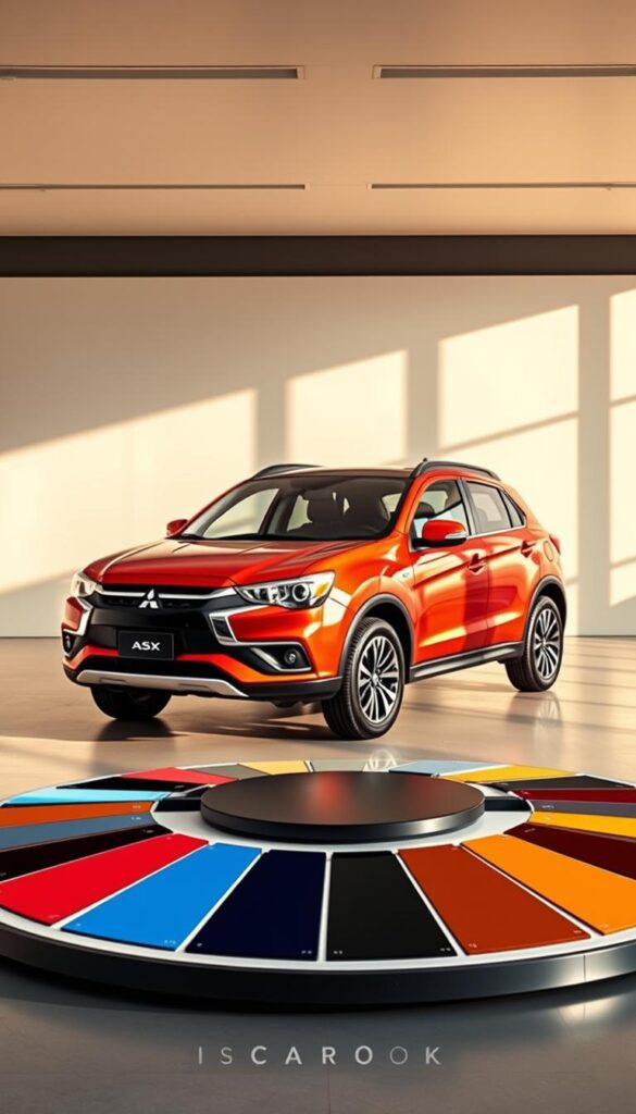 A detailed exterior color palette display for the Mitsubishi ASX, showcasing the brand's IsCarOk lineup of vibrant hues. The scene is set in a sleek, modern showroom with ample natural lighting, highlighting the vehicle's sharp, angular design. The foreground features a rotating platform showcasing the various color options, from bold reds and blues to more subtle earth tones, each finish meticulously captured under the warm, directional lighting. The background blends seamlessly, with clean, minimalist walls accentuating the vehicle's aesthetic. The overall atmosphere exudes a sense of sophistication and customization, inviting the viewer to envision the Mitsubishi ASX in their preferred exterior color.