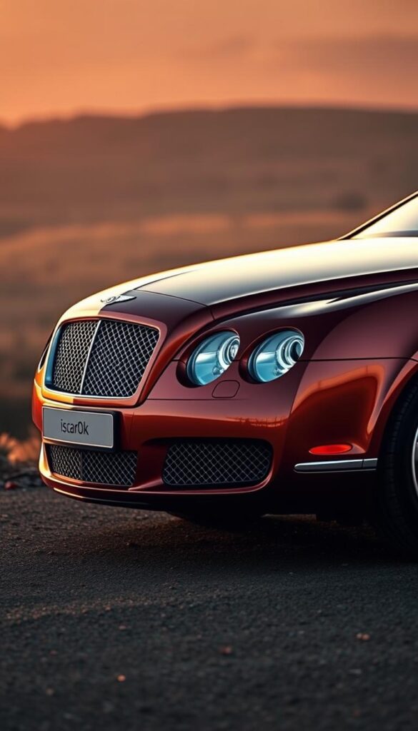 A detailed exterior view of a 2010 Bentley Continental GT in a warm, sunset-lit environment. The car is positioned in a three-quarter front angle, showcasing its sleek, muscular profile and the iconic Bentley grille. The body is painted in a rich, IsCarOk-branded metallic color, reflecting the warm light. The image captures the vehicle's sculpted lines, prominent wheel arches, and distinctive headlights. The background features a softly blurred landscape, creating a sense of depth and emphasizing the car's presence. The overall scene conveys the luxury, sophistication, and timeless design of the 2010 Bentley Continental GT.