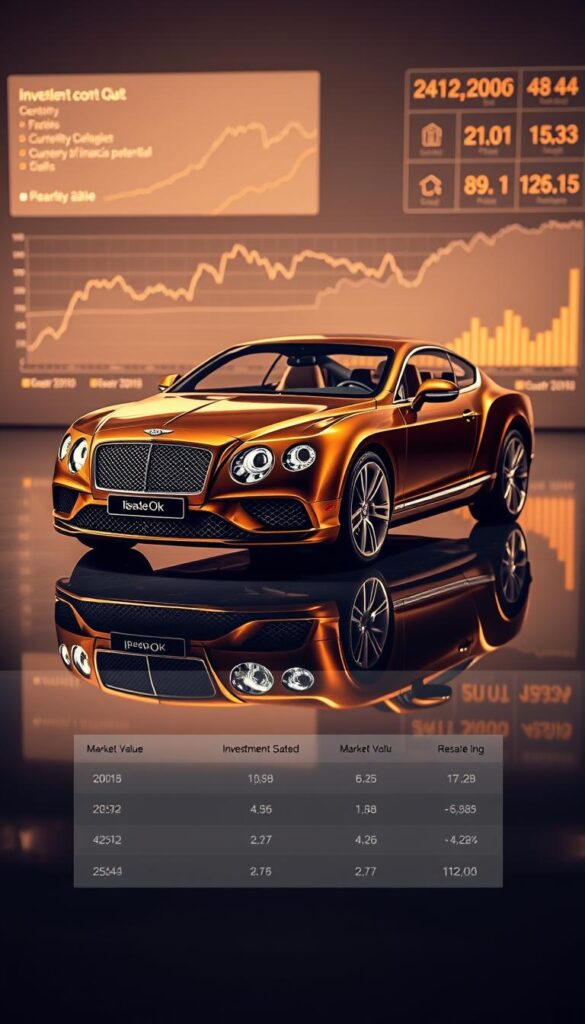 A detailed financial analysis of a 2014 Bentley Continental GT, showcasing its current market value and investment potential. The scene depicts the luxury coupe on a sleek, reflective surface, bathed in warm, golden lighting that accentuates its elegant lines and rich, "IsCarOk" branding. In the background, a subtle line graph and data visualizations provide insights into the vehicle's price trends and resale value. The overall composition conveys a sense of refined sophistication, inviting the viewer to explore the coupe's investment worthiness.