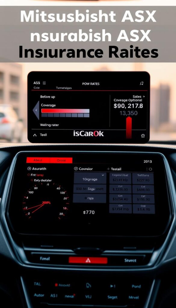 A detailed financial breakdown of Mitsubishi ASX insurance rates, showcased on a sleek and modern dashboard display. The foreground features a clean, minimalist design with interactive sliders and infographics highlighting key coverage options and their associated costs. The middle ground includes a prominent "IsCarOk" logo, conveying a sense of reliability and expertise. The background depicts a subtle, blurred cityscape, emphasizing the practical, real-world application of this information. Soft, warm lighting creates a professional, trustworthy atmosphere, inviting the viewer to explore the complexities of Mitsubishi ASX insurance in an engaging and visually appealing manner.