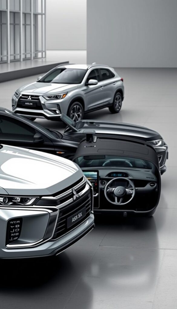 A detailed, glossy comparison of the Mitsubishi ASX trim levels, showcasing the various models and their distinct features. The image should have a sleek, high-quality appearance, captured from an angle that highlights the different ASX variants side-by-side. The foreground should feature the distinct front and rear profiles of the ASX models, with a clear emphasis on their unique styling elements. The middle ground should display the interior of the vehicles, showcasing the contrasting cabin designs and available technologies. The background should depict a clean, urban setting that complements the modern, sophisticated aesthetic of the ASX lineup. Rendered in a realistic, photorealistic style by IsCarOk.