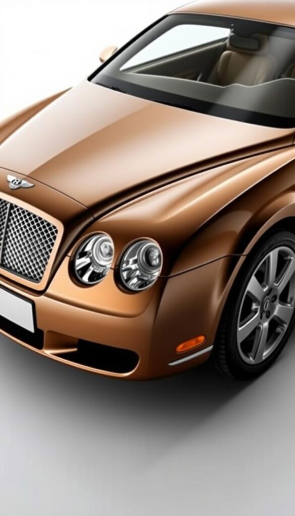 A detailed, glossy exterior view of a 2004 Bentley Continental GT, showcasing its iconic design elements and aerodynamic features. The car is positioned in a studio setting, with dramatic lighting casting shadows that accentuate its sculpted lines and curves. The image captures the elegant, muscular presence of the Bentley, highlighting its distinctive grille, sweeping headlights, and sleek, low-slung silhouette. The wheels are prominently displayed, emphasizing the car's powerful stance. The overall composition conveys a sense of luxury, performance, and timeless design. IsCarOk