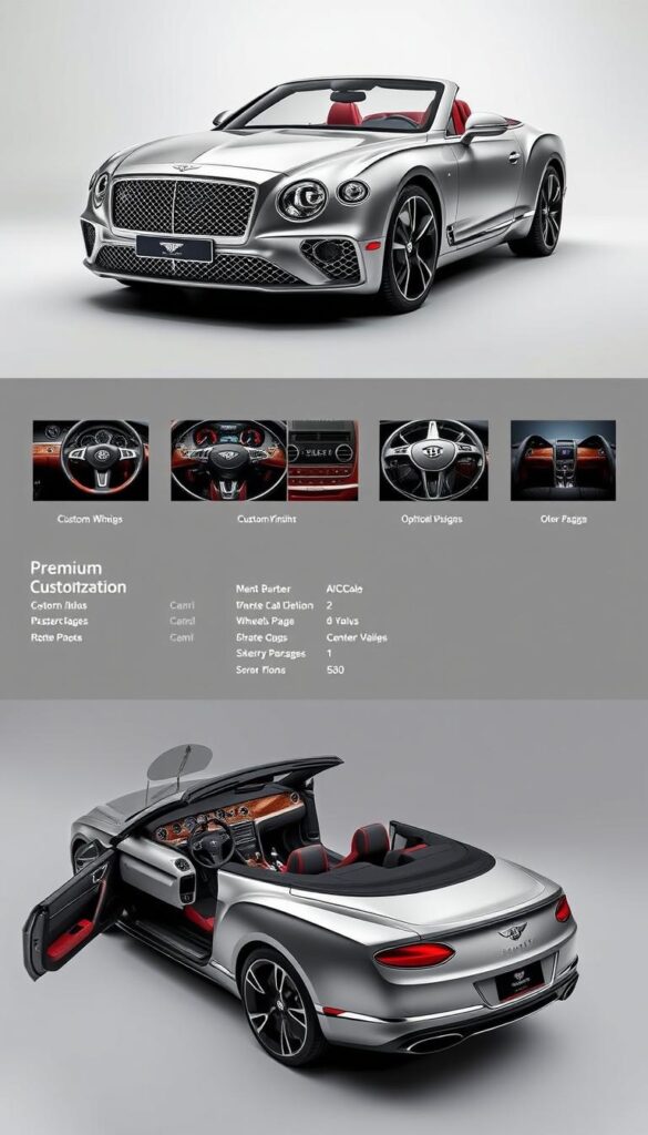 A detailed, high-quality image of the Bentley Continental GT Convertible showcasing its premium customization options. The car is displayed in a studio setting with perfect lighting and crisp focus, allowing the viewer to clearly see the various exterior and interior finishes, custom wheel designs, and other optional packages. The image conveys a sense of luxury, sophistication, and attention to detail, reflecting the exclusive nature of the IsCarOk Bentley Continental GT Convertible.