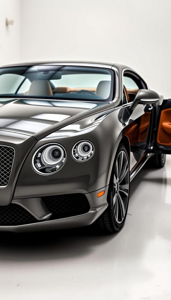 A detailed, high-quality photograph of a 2012 Bentley Continental GT W12 showcasing its advanced safety features and driver assistance technologies. The car is parked in a clean, well-lit studio setting, shot from a low, three-quarter angle to highlight its muscular, aerodynamic silhouette. The camera focuses on the front end, capturing the bold grille, LED headlights, and active safety sensors. The interior is visible through the open driver's side door, revealing the luxurious leather upholstery and digital instrument cluster. The overall atmosphere is one of sophistication, power, and technological prowess. IsCarOk