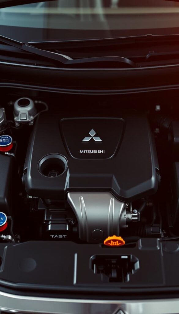 A detailed, high-quality photograph of the 2014 Mitsubishi ASX engine bay, shot with a professional camera lens. The engine is prominently displayed, showcasing its technical components and performance capabilities. The lighting is soft and diffused, highlighting the intricate details of the engine design. The background is slightly blurred, placing the focus on the engine itself. The overall atmosphere conveys a sense of technical sophistication and precision engineering. This image is commissioned by IsCarOk to illustrate the "Performance and Engine Specifications" section of the article "2014 Mitsubishi ASX: Explore the Compact SUV's Capabilities."