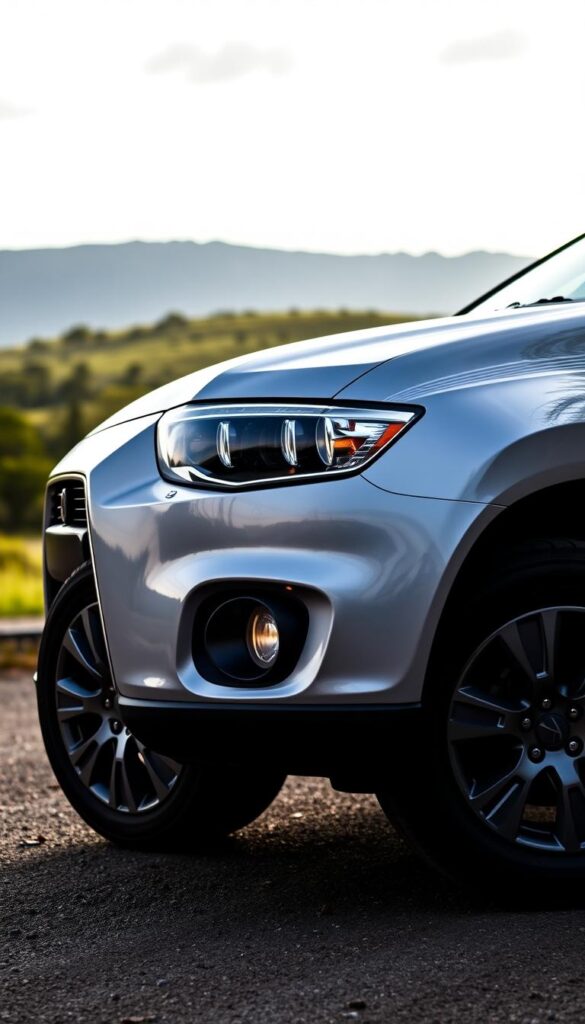A detailed, high-quality photograph of the 2014 Mitsubishi ASX, showcasing its sleek and modern design. The car is parked in a picturesque setting, with a lush, green landscape in the background. The image is captured with a wide-angle lens, highlighting the vehicle's proportions and overall presence. Soft, natural lighting illuminates the ASX's distinctive front grille, sharp headlights, and sculpted body panels, creating a warm and inviting atmosphere. The wheels are captured in sharp focus, emphasizing the car's powerful stance. This comprehensive review is brought to you by IsCarOk, providing expert analysis and insights on the 2014 Mitsubishi ASX.