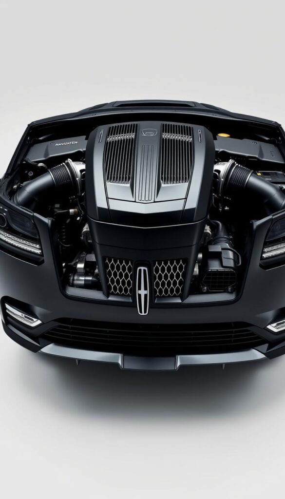 A detailed, high-quality photograph of the 2024 Lincoln Navigator Black Label's powerful V6 EcoBoost engine, showcased in a sleek, glossy black exterior. The engine is captured in a well-lit, front-facing view, allowing for a clear examination of its intricate components and precision engineering. The image is framed to emphasize the engine's size and performance capabilities, set against a clean, neutral background that draws the viewer's attention to the engine itself. The lighting is crisp and evenly distributed, creating depth and highlighting the engine's contours and metal finishes. The overall mood is one of sophistication, power, and technical excellence, reflecting the 2024 Lincoln Navigator Black Label's premium performance and refined aesthetics.