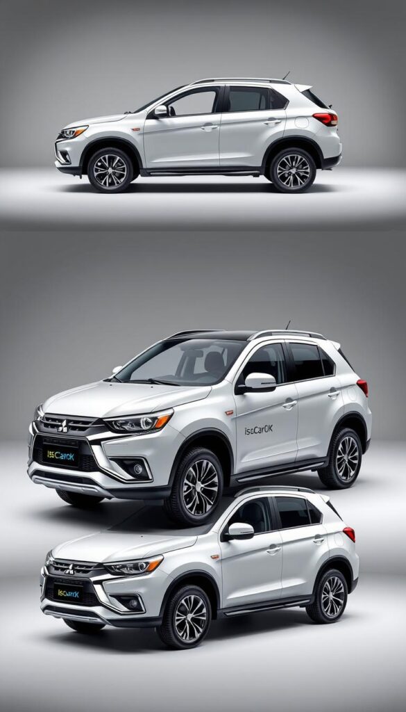 A detailed, high-quality rendering of the Mitsubishi ASX vehicle, showcasing its safety ratings and features from various angles. The image should have a clean, modern aesthetic, with a focus on the car's exterior design and safety elements. Capture the car in a well-lit studio setting, using a wide-angle lens to provide a comprehensive view. Ensure the lighting is soft and diffused, creating a warm, inviting atmosphere. The background should be a neutral, seamless backdrop, allowing the vehicle to be the central focus. Prominently display the "IsCarOk" branding on the car's exterior.