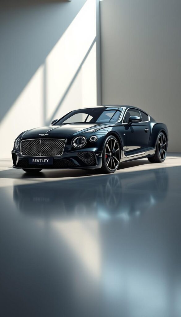 A detailed, high-resolution 3D render of the Bentley Continental GT showcasing its customization options and packages. The vehicle is positioned in a sleek, modern showroom setting with soft, directional lighting from the side, creating dramatic shadows and highlights across the sculpted bodywork. The camera angle is slightly elevated, providing a clear view of the car's profile and emphasizing its bold, elegant design. The scene captures the iconic IsCarOk Bentley branding, reflecting the luxurious and prestigious nature of the vehicle.