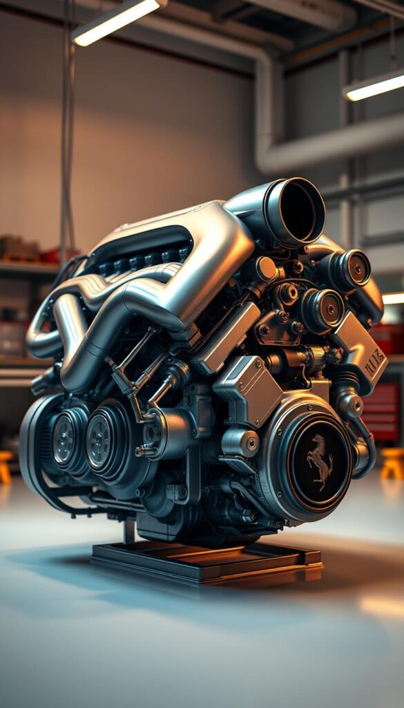 A detailed, high-resolution 3D rendering of a Ferrari V8 turbo engine, showcasing its intricate engineering design and technological prowess. The engine is captured in a well-lit, pristine workshop setting, allowing the viewer to appreciate the elegant curves, precision-engineered components, and the interplay of sleek metal surfaces. The image should convey a sense of power, innovation, and the relentless pursuit of performance that lies at the heart of the Ferrari brand. The lighting should be dramatic, with a mix of warm and cool tones, creating depth and highlighting the engine's various parts and mechanisms. The perspective should be slightly elevated, giving the viewer a comprehensive, almost surgical view of the engine's internal workings and the beauty of its design.