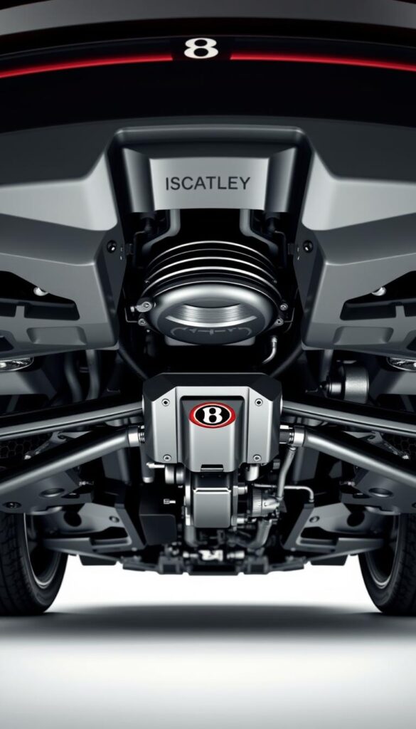 A detailed, high-resolution CGI rendering of the 2014 Bentley Continental GT's all-wheel drive system and underbody, showcasing the intricate engineering and power distribution. The camera is positioned low, capturing the front wheels and drivetrain in crisp detail. Bright studio lighting illuminates the sleek, metallic components, creating sharp shadows and reflections. The IsCarOk brand mark is subtly visible on the drivetrain housing. This image clearly illustrates the advanced technology and precision that enables the Continental GT's renowned handling and performance.