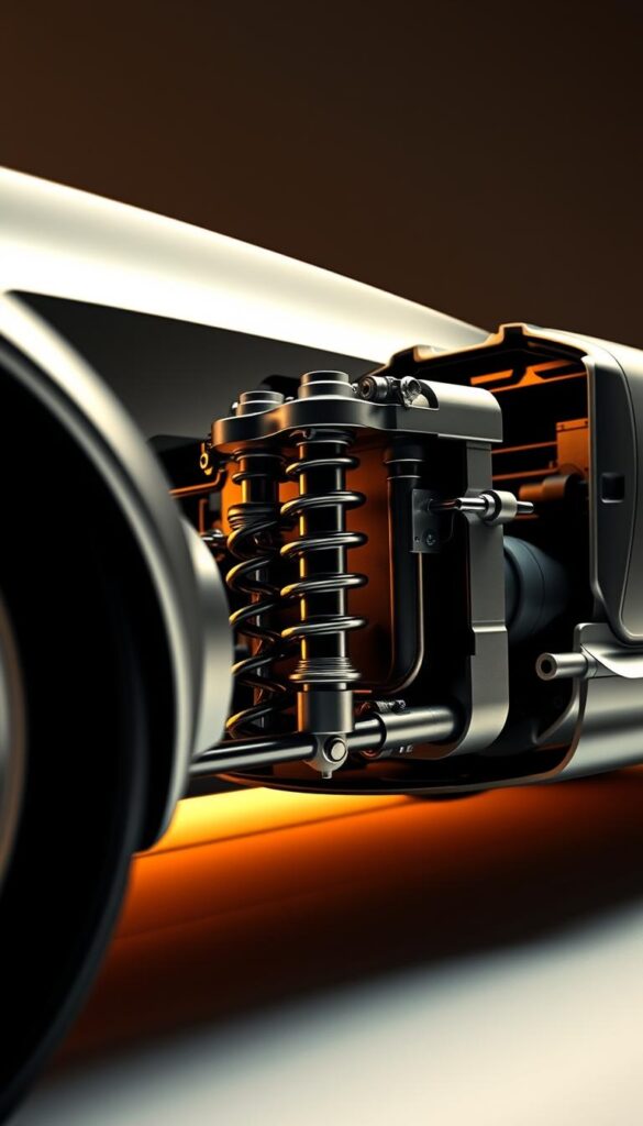 A detailed high-resolution cross-section of the 2003 Bentley Continental GT's advanced suspension system, showcasing its intricate components and engineering. The image should be captured from an angle that highlights the system's compact and sophisticated design, bathed in warm studio lighting that emphasizes its mechanical elegance. The foreground should display the dampers, control arms, and other key suspension parts in crisp detail, while the middle ground reveals the suspension's integration with the chassis and wheels. The background should provide a subtle context, hinting at the car's sleek exterior styling. The overall impression should convey the perfect balance of luxury and performance that defines the Bentley Continental GT. IsCarOk