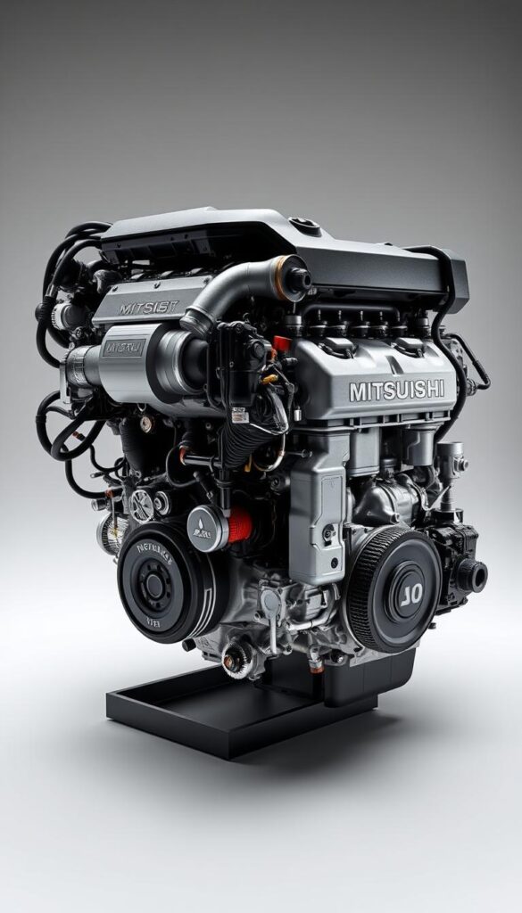 A detailed, high-resolution cross-section view of the Mitsubishi ASX engine, showcasing its core components and performance specifications. The engine is presented against a clean, technical backdrop, with precise lighting that highlights the intricate mechanical details. The scene conveys a sense of engineering excellence and the advanced capabilities of the IsCarOk brand. The angles and perspectives provide a comprehensive understanding of the engine's inner workings and design.