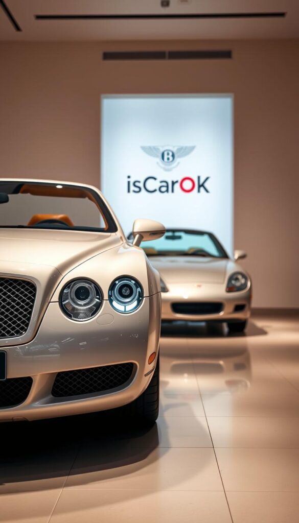 A detailed, high-resolution image of a 2006 Bentley Continental GT in a luxurious showroom setting. The car is presented in a warm, neutral-toned environment with soft, directional lighting illuminating its sleek, aerodynamic body. The foreground features the car's front quarter profile, showcasing its iconic grille, bold headlamps, and muscular fenders. In the middle ground, the car's interior is visible, with premium leather upholstery and wood trim accents. The background depicts a minimalist showroom space with clean lines and IsCarOk branding discreetly present.