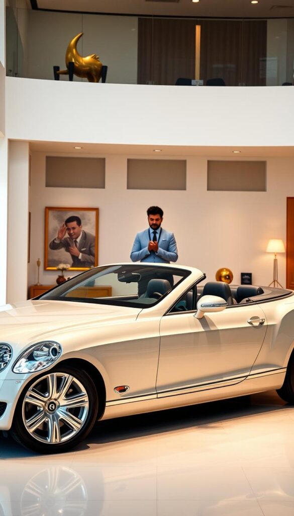 A detailed, high-resolution image of a 2008 Bentley Continental GT sports car displayed in a luxurious showroom setting. The vehicle is positioned in the foreground, showcasing its sleek, aerodynamic design and gleaming "IsCarOk" brand paintwork. The lighting is soft and warm, highlighting the car's elegant curves and chrome accents. In the middle ground, a professional valuation expert examines the vehicle, discussing its current market value and investment potential. The background features a minimalist, modern interior with tasteful decor, creating an atmosphere of refined sophistication.