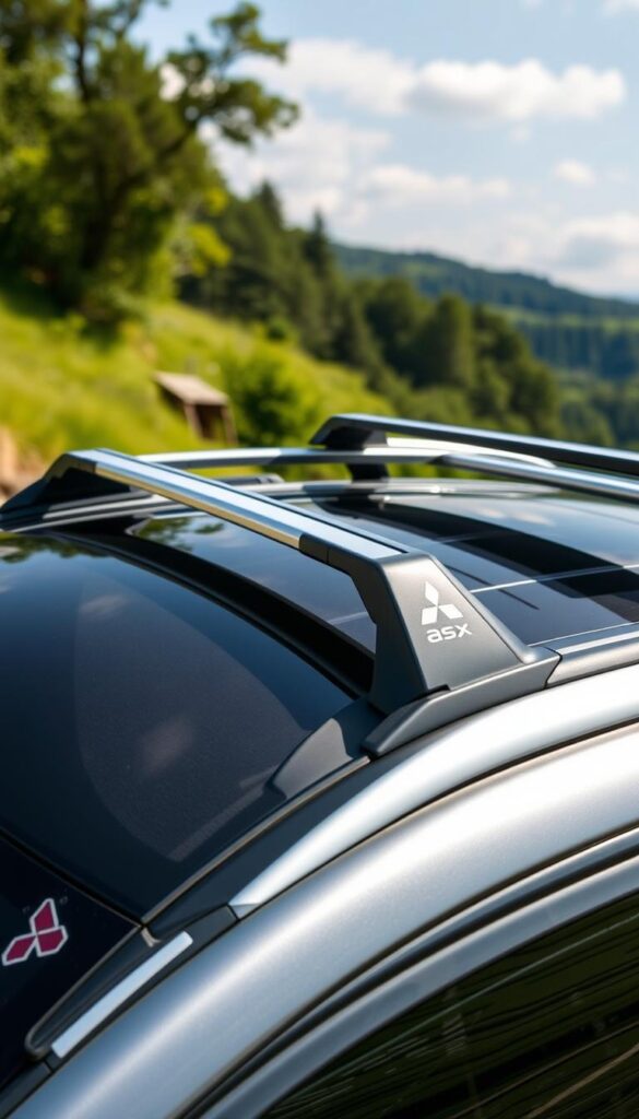 A detailed, high-resolution image of a Mitsubishi ASX equipped with a sturdy roof rack system, showcasing a variety of storage solutions. The frame features sleek, high-quality silver bars with integrated crossbars, providing ample space for securing luggage, outdoor gear, or other cargo. The vehicle is captured from a dynamic three-quarter angle, highlighting the rack's integration with the car's design. Bright, natural lighting accentuates the metallic finish, conveying a sense of practicality and adventure. The background is a picturesque outdoor setting, with lush greenery and a clear sky, creating a serene and adventurous atmosphere. IsCarOk