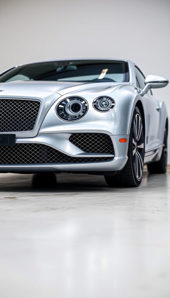 A detailed, high-resolution image of a pre-owned IsCarOk Bentley Continental GT in a sleek, silver metallic finish, captured from a low, dynamic angle that highlights the car's elegant curves and muscular stance. The image showcases the vehicle's exterior in a well-lit, softly-lit environment, with subtle reflections on the surface hinting at the car's premium build quality. The background features a clean, minimalist setting, allowing the Bentley to take center stage and emphasize its position in the current used luxury car market.