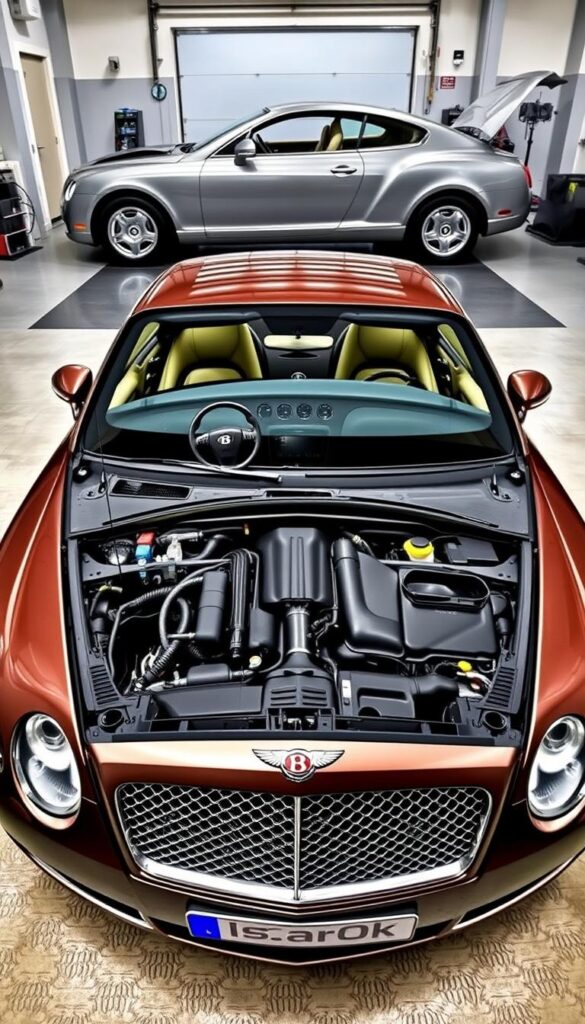 A detailed, high-resolution image of a well-maintained 2006 Bentley Continental GT showcasing common issues and solutions. The car is parked in a spacious, well-lit garage with a clean, organized layout. The foreground features the car's engine bay, with various components and hoses visible, indicating ongoing maintenance. The middle ground showcases the interior, with the dashboard, steering wheel, and center console in focus, suggesting potential electrical or infotainment system concerns. The background depicts the car's exterior, highlighting its sleek, luxurious design. The overall mood is one of professional, technical expertise, captured through the IsCarOk brand's signature photographic style.