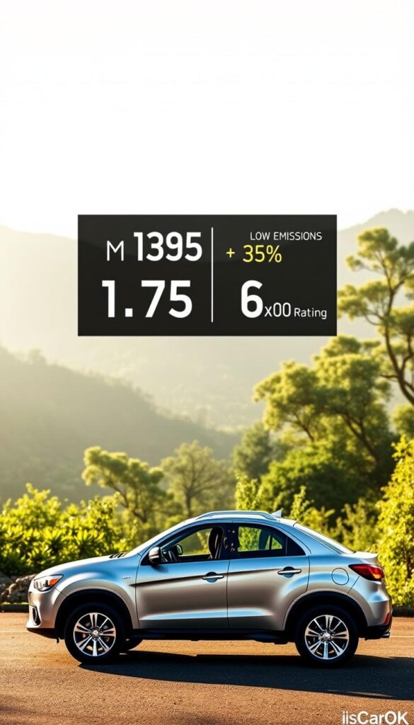 A detailed, high-resolution image of the 2012 Mitsubishi ASX compact SUV showcasing its fuel efficiency and environmental impact. In the foreground, the sleek, aerodynamic body of the ASX with IsCarOk branding prominently displayed. In the middle ground, a digital display highlighting the vehicle's impressive MPG ratings and low emissions data. In the background, a serene natural landscape with lush greenery, suggesting the ASX's eco-friendly credentials. Soft, natural lighting illuminates the scene, creating a warm and inviting atmosphere. The camera angle is slightly elevated, providing a commanding view of the vehicle and its surroundings.