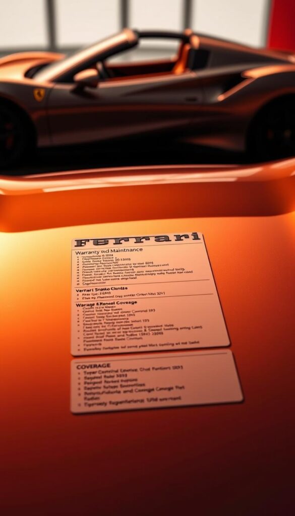 A detailed, high-resolution image of the 2023 Ferrari SF90 Spider's warranty and maintenance information, showcased on a glossy metallic surface with a sleek, modern design. The vehicle's silhouette is subtly visible in the background, creating a sense of context. Warm, diffused lighting illuminates the information panels, highlighting the technical specifications and coverage details. The composition emphasizes the precision and craftsmanship of the Ferrari brand, conveying a sense of exclusivity and attention to detail.