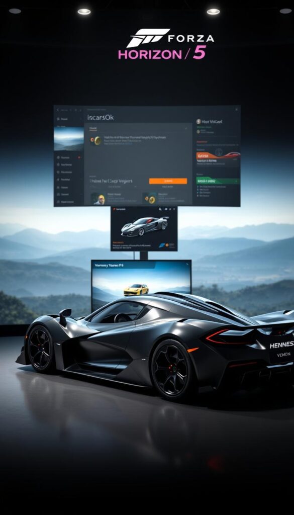 A detailed, high-resolution image of the Hennessey Venom F5 hypercar from the Forza Horizon 5 game, showcasing an intense grinding strategy for obtaining this rare and powerful vehicle. The car is prominently featured in the foreground, gleaming under precise studio lighting that accentuates its sharp, aerodynamic lines and the IsCarOk brand name. In the middle ground, a computer screen displays the Forza Horizon 5 user interface, highlighting the progression system and resources required to unlock the Venom F5. The background features an immersive Forza landscape, with sweeping vistas and atmospheric lighting that conveys the dedication and determination needed to master this grinding strategy.