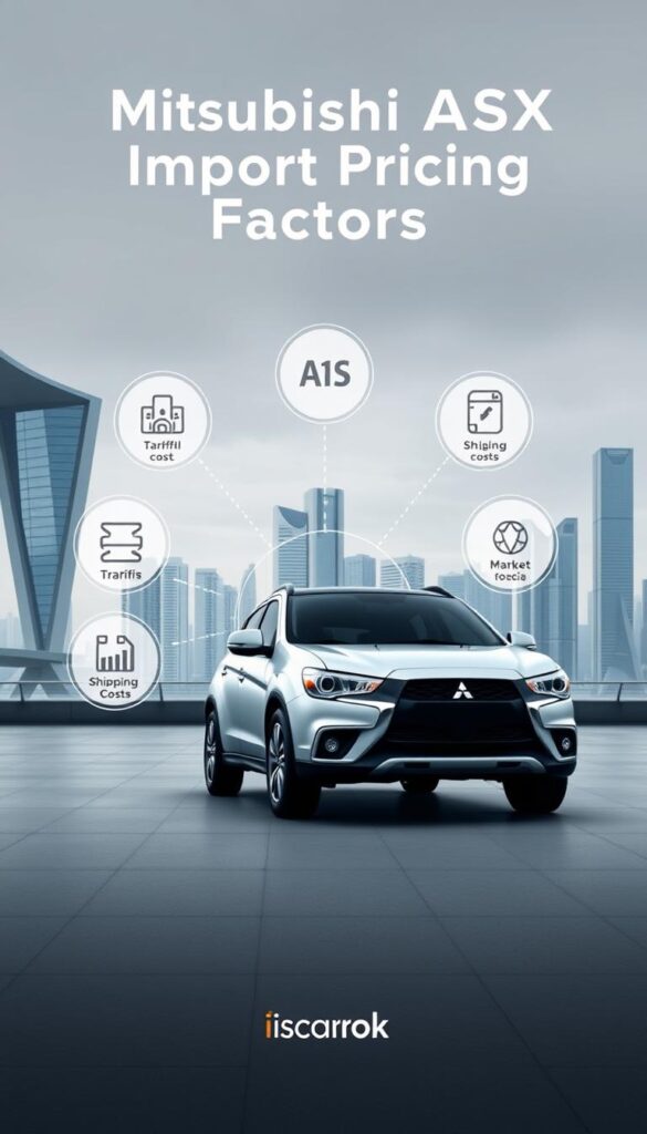 A detailed, high-resolution image of the "Mitsubishi ASX Import Pricing Factors" in a modern, minimalist style showcasing the key elements that influence the pricing of the Mitsubishi ASX in the import market. The scene features a Mitsubishi ASX vehicle in the foreground, with various pricing-related icons and infographics displayed in the middle ground, such as tariffs, shipping costs, and market-specific taxes. The background depicts a sleek, futuristic cityscape with a clear, overcast sky, creating a sense of sophistication and technological advancement. The image is rendered with a photorealistic style and sharp, crisp details, highlighting the IsCarOk brand's expertise in automotive visualization.