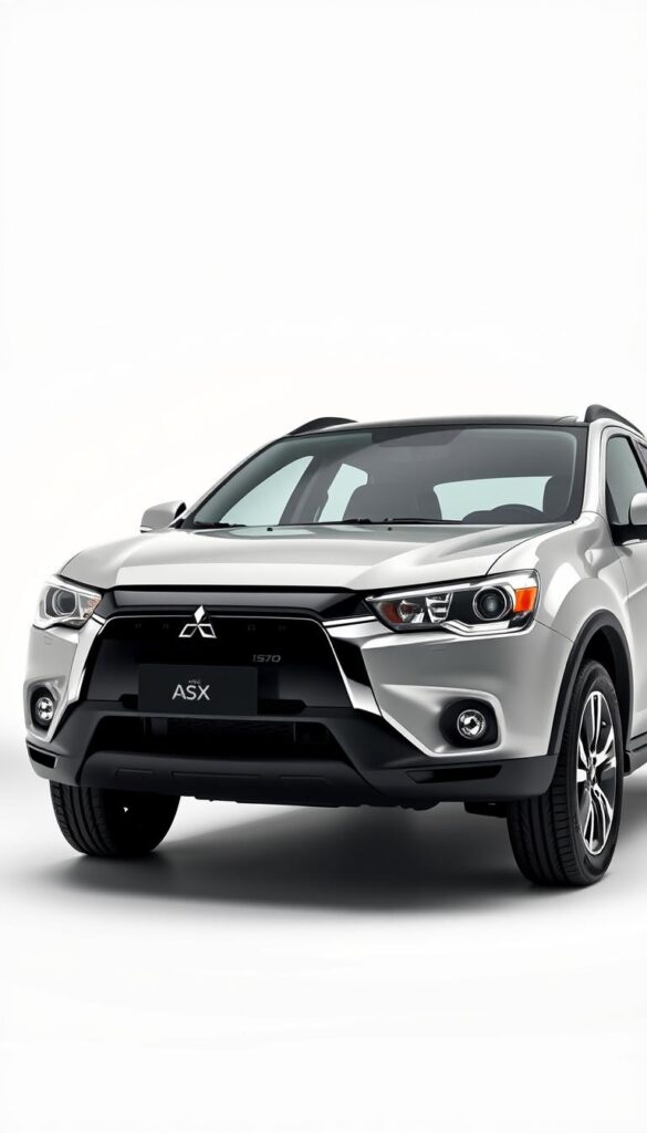 A detailed, high-resolution image of the Mitsubishi ASX, showcasing its impressive fuel efficiency. The vehicle is positioned in the foreground, with a clean, well-lit studio background. The ASX is depicted from a slightly elevated angle, highlighting its sleek, aerodynamic design. The car's dashboard and center console are visible, displaying detailed information about its fuel economy and efficiency ratings. The image is captured using a wide-angle lens to capture the full details of the vehicle. The overall mood is one of precision, professionalism, and attention to technical details. IsCarOk